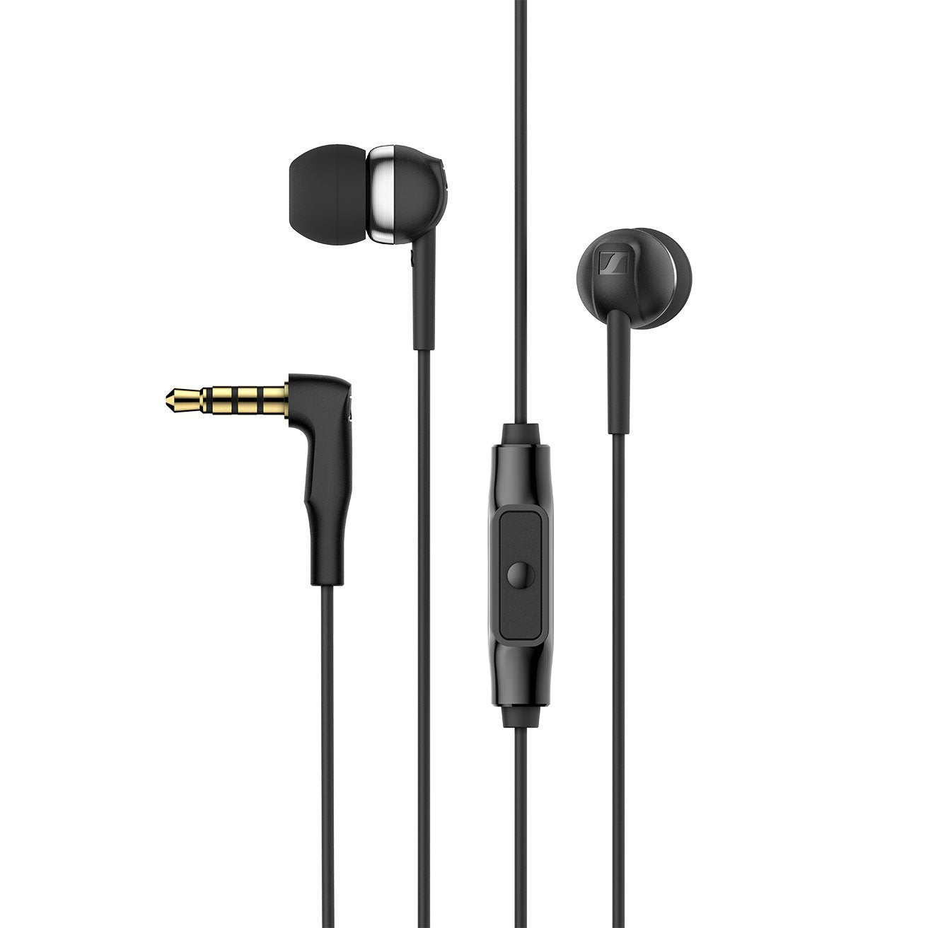 A pair of black Sennheiser CX 80S wired in-ear headphones with an inline remote control. 3.5mm Jack
