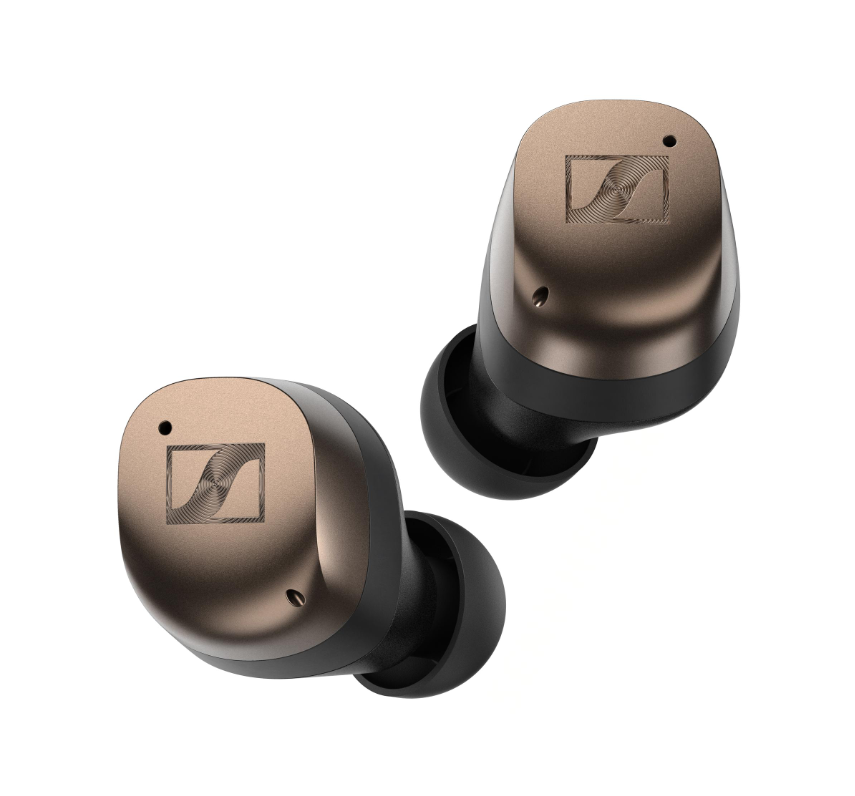A pair of Sennheiser MOMENTUM True Wireless 4 earbuds in black color with the Sennheiser logo visible on the earbud surface.